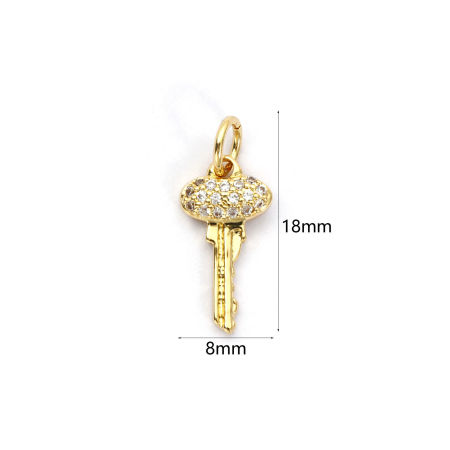 Image de 1 Pièce Breloques Respectueux de la Nature en Laiton Plaqué Or Véritable 18K Clé Micro Pave à Zircone Cubique Clair 18mm x 8mm