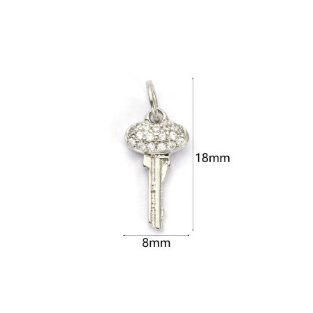 Image de 1 Pièce Breloques Respectueux de la Nature en Laiton Plaqué Platine Véritable Clé Micro Pave à Zircone Cubique Clair 18mm x 8mm