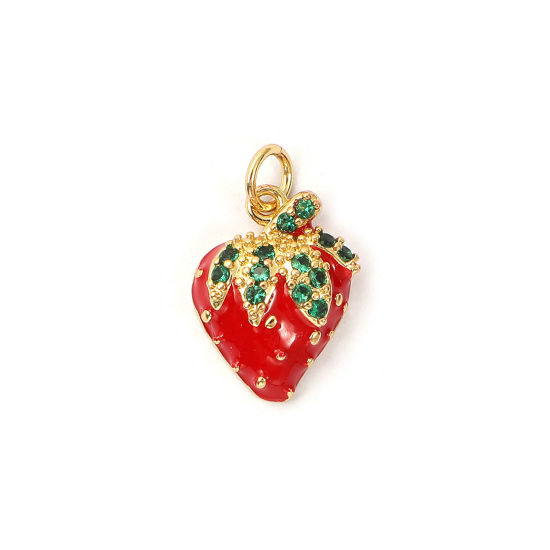 Picture of 1 Piece Eco-friendly Brass Charms 18K Real Gold Plated Red Enamel Strawberry Fruit Micro Pave Green Cubic Zirconia 19mm x 12mm