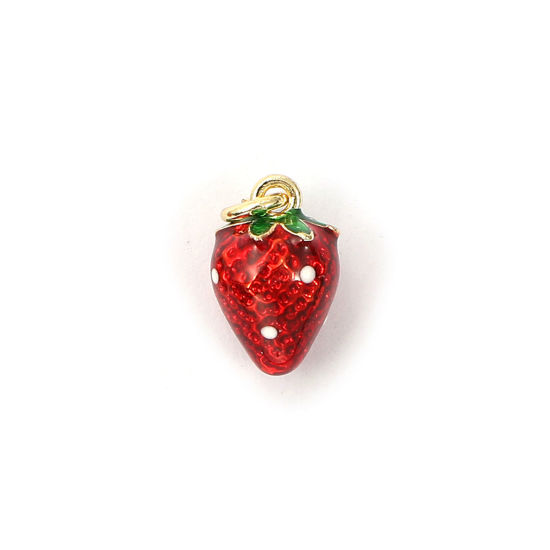 Picture of 1 Piece Eco-friendly Brass Charms 18K Real Gold Plated Red Enamel Strawberry Fruit 3D 13mm x 7mm