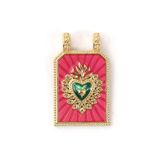 Picture of 1 Piece Eco-friendly Brass Religious Charms 18K Real Gold Plated Fuchsia Enamel Hexagon Ex Voto Heart 29mm x 17.5mm
