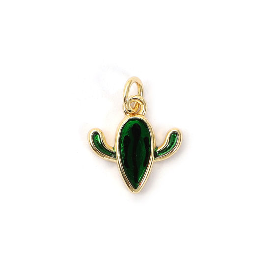 Bild von 2 PCs Eco-friendly Brass Charms 18K Real Gold Plated Green Enamel Cactus 16mm x 12.5mm