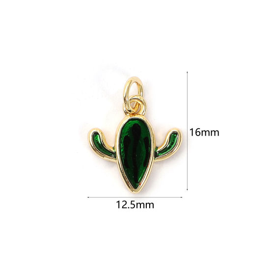 Bild von 2 PCs Eco-friendly Brass Charms 18K Real Gold Plated Green Enamel Cactus 16mm x 12.5mm