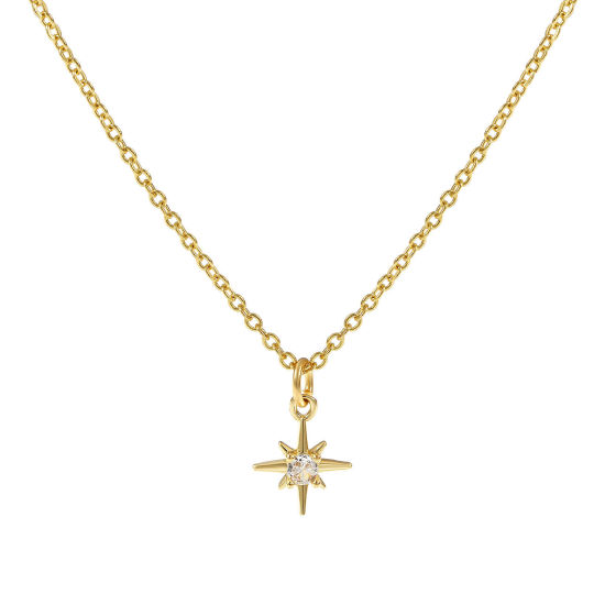 Imagen de 18K Oro Real Chapado Cadena de Cable Cruz Estrella Polar Collar con Colgante, Latón 45cm + 5cm, Para Mujeres, Claro Circón Artificial Elegante Galaxia Regalo, Respetuoso del Medio Ambiente, 1 Unidad