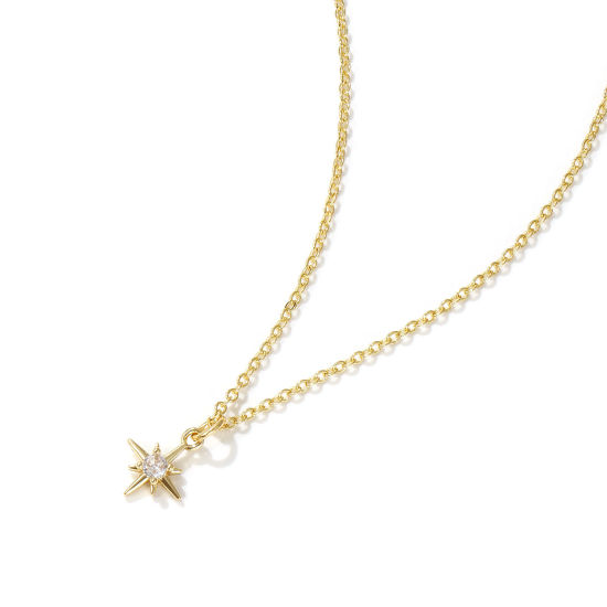 Imagen de 18K Oro Real Chapado Cadena de Cable Cruz Estrella Polar Collar con Colgante, Latón 45cm + 5cm, Para Mujeres, Claro Circón Artificial Elegante Galaxia Regalo, Respetuoso del Medio Ambiente, 1 Unidad
