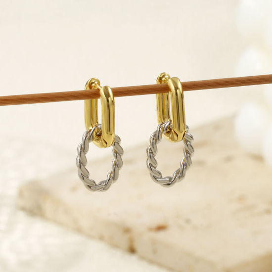 Immagine di 1 Paio Ecologico Minimalista Squisito 18K Vero Oro Placcato & Vero Platino Placcato Ottone Ovale Doppio Colore Orecchino Per Donne Regalo 27mm x 12mm, Posta / Filo Dimensione: 0.9mm(19 misura)