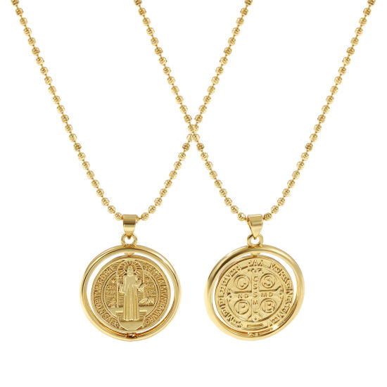 Immagine di 18K Vero Oro Placcato Catena a Pallini Medaglia di San Benedetto Collana con Ciondolo, Ottone 45cm + 5cm, Per Donne, Doppia Faccia Girevole, Squisito Religione Ecologico, 1 Pz