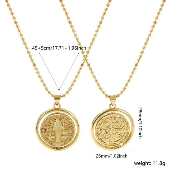 Immagine di 18K Vero Oro Placcato Catena a Pallini Medaglia di San Benedetto Collana con Ciondolo, Ottone 45cm + 5cm, Per Donne, Doppia Faccia Girevole, Squisito Religione Ecologico, 1 Pz