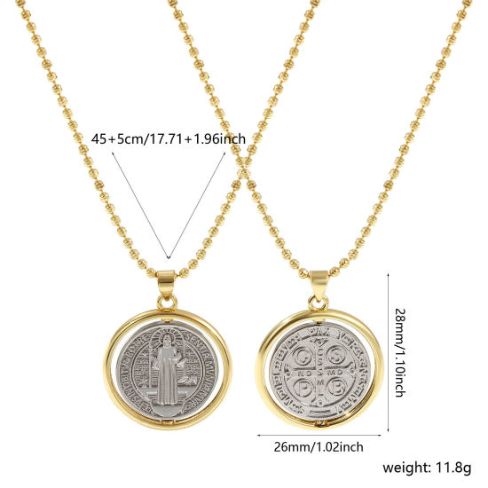 Immagine di 18K Vero Oro Placcato & Vero Platino Placcato Catena a Pallini Medaglia di San Benedetto Collana con Ciondolo, Ottone 45cm + 5cm, Per Donne, Doppio Colore Doppia Faccia Girevole, Squisito Religione Ecologico, 1 Pz