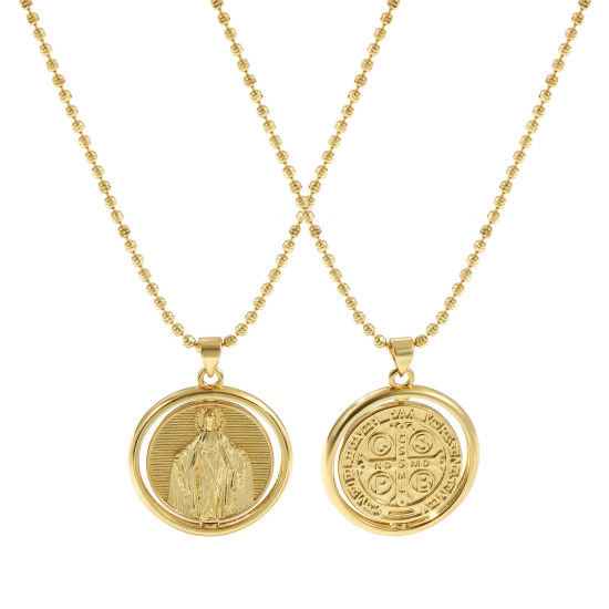 Immagine di 18K Vero Oro Placcato Catena a Pallini Medaglia di San Benedetto Collana con Ciondolo, Ottone 45cm + 5cm, Per Donne, Vergine Maria Doppia Faccia Girevole, Squisito Religione Ecologico, 1 Pz