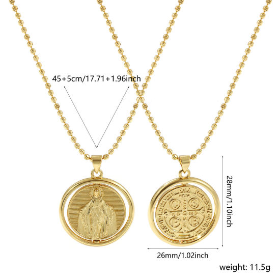 Immagine di 18K Vero Oro Placcato Catena a Pallini Medaglia di San Benedetto Collana con Ciondolo, Ottone 45cm + 5cm, Per Donne, Vergine Maria Doppia Faccia Girevole, Squisito Religione Ecologico, 1 Pz