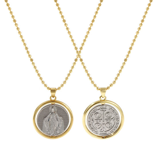 Immagine di 18K Vero Oro Placcato & Vero Platino Placcato Catena a Pallini Medaglia di San Benedetto Collana con Ciondolo, Ottone 45cm + 5cm, Per Donne, Vergine Maria Doppio Colore Doppia Faccia Girevole, Squisito Religione Ecologico, 1 Pz