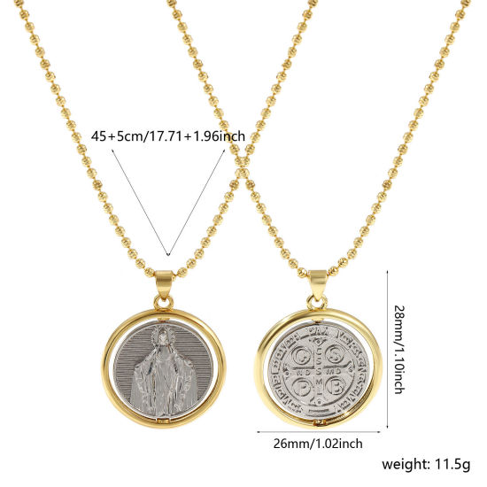 Immagine di 18K Vero Oro Placcato & Vero Platino Placcato Catena a Pallini Medaglia di San Benedetto Collana con Ciondolo, Ottone 45cm + 5cm, Per Donne, Vergine Maria Doppio Colore Doppia Faccia Girevole, Squisito Religione Ecologico, 1 Pz
