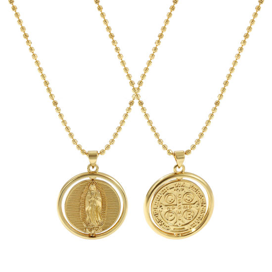 Immagine di 18K Vero Oro Placcato Catena a Pallini Medaglia di San Benedetto Collana con Ciondolo, Ottone 45cm + 5cm, Per Donne, Vergine Maria Doppia Faccia Girevole, Squisito Religione Ecologico, 1 Pz