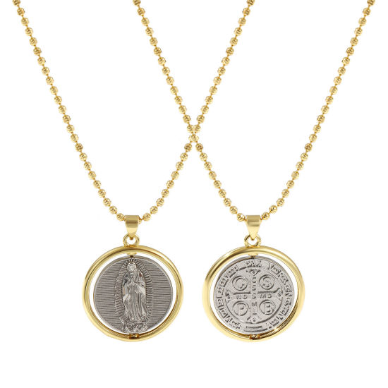 Immagine di 18K Vero Oro Placcato & Vero Platino Placcato Catena a Pallini Medaglia di San Benedetto Collana con Ciondolo, Ottone 45cm + 5cm, Per Donne, Vergine Maria Doppio Colore Doppia Faccia Girevole, Squisito Religione Ecologico, 1 Pz