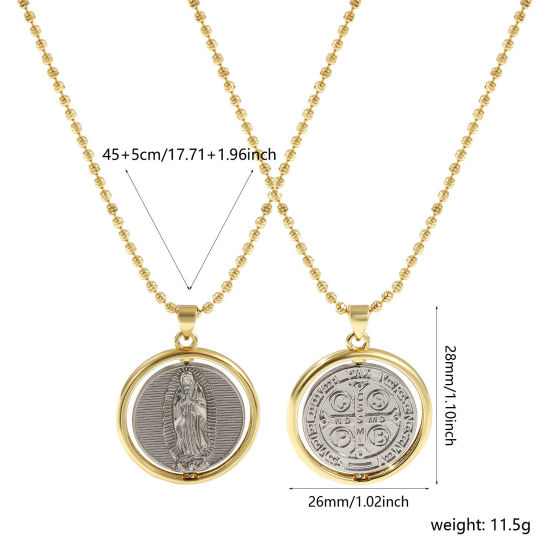 Immagine di 18K Vero Oro Placcato & Vero Platino Placcato Catena a Pallini Medaglia di San Benedetto Collana con Ciondolo, Ottone 45cm + 5cm, Per Donne, Vergine Maria Doppio Colore Doppia Faccia Girevole, Squisito Religione Ecologico, 1 Pz
