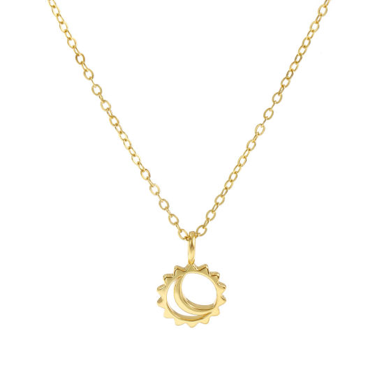 Immagine di 18K Vero Oro Placcato Catena a Cavo Sole & Luna Collana con Ciondolo, Ottone 46cm + 6cm, Per Donne, Squisito Galassia Ecologico, 1 Pz