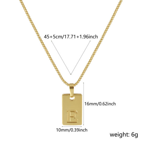Immagine di 18K Vero Oro Placcato Catena a Casella Rettangolo Collana con Ciondolo, Ottone 45cm + 5cm, Per Donne, Messaggio " E " Minimalista Lettera Maiuscola Regalo, Ecologico, 1 Pz