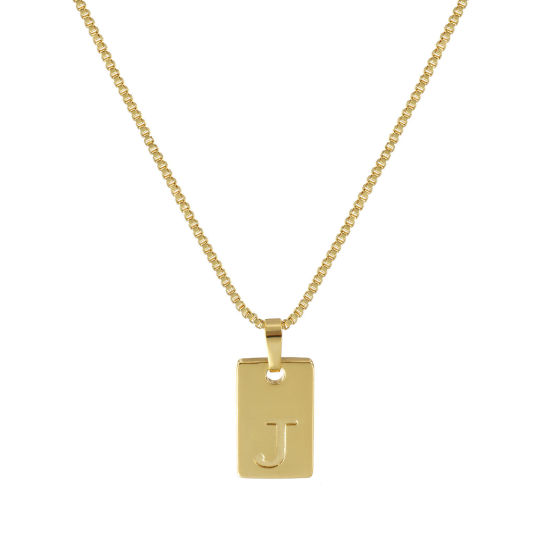 Immagine di 18K Vero Oro Placcato Catena a Casella Rettangolo Collana con Ciondolo, Ottone 45cm + 5cm, Per Donne, Messaggio " J " Minimalista Lettera Maiuscola Regalo, Ecologico, 1 Pz