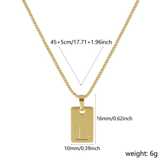Immagine di 18K Vero Oro Placcato Catena a Casella Rettangolo Collana con Ciondolo, Ottone 45cm + 5cm, Per Donne, Messaggio " L " Minimalista Lettera Maiuscola Regalo, Ecologico, 1 Pz