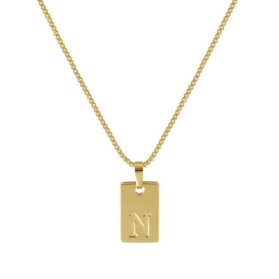 Immagine di 18K Vero Oro Placcato Catena a Casella Rettangolo Collana con Ciondolo, Ottone 45cm + 5cm, Per Donne, Messaggio " N " Minimalista Lettera Maiuscola Regalo, Ecologico, 1 Pz