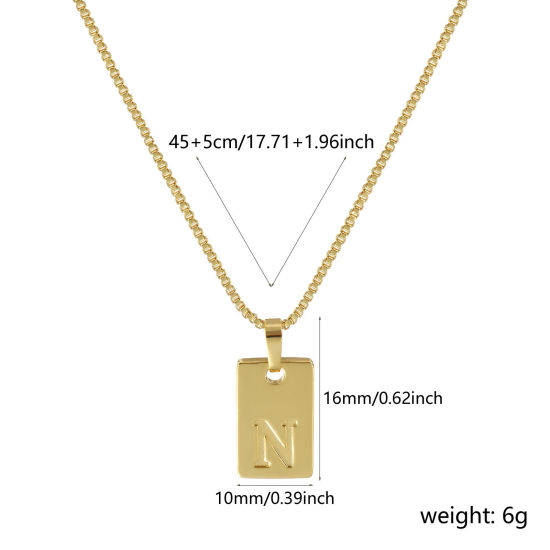 Immagine di 18K Vero Oro Placcato Catena a Casella Rettangolo Collana con Ciondolo, Ottone 45cm + 5cm, Per Donne, Messaggio " N " Minimalista Lettera Maiuscola Regalo, Ecologico, 1 Pz