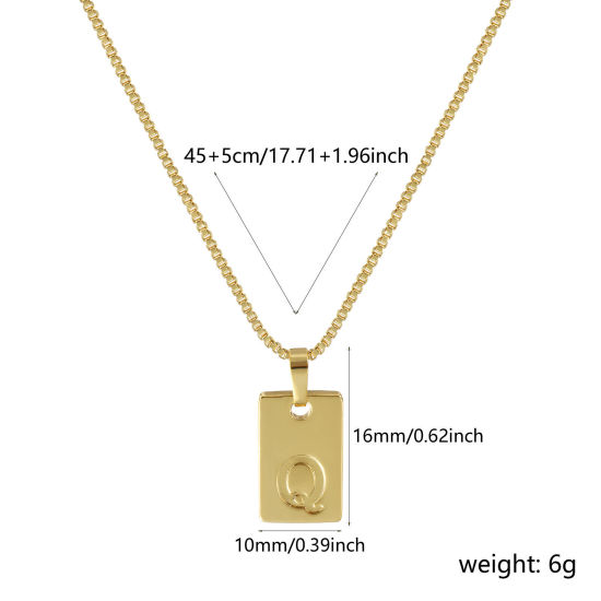 Immagine di 18K Vero Oro Placcato Catena a Casella Rettangolo Collana con Ciondolo, Ottone 45cm + 5cm, Per Donne, Messaggio " Q " Minimalista Lettera Maiuscola Regalo, Ecologico, 1 Pz