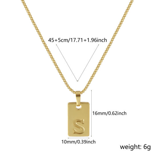 Immagine di 18K Vero Oro Placcato Catena a Casella Rettangolo Collana con Ciondolo, Ottone 45cm + 5cm, Per Donne, Messaggio " S " Minimalista Lettera Maiuscola Regalo, Ecologico, 1 Pz