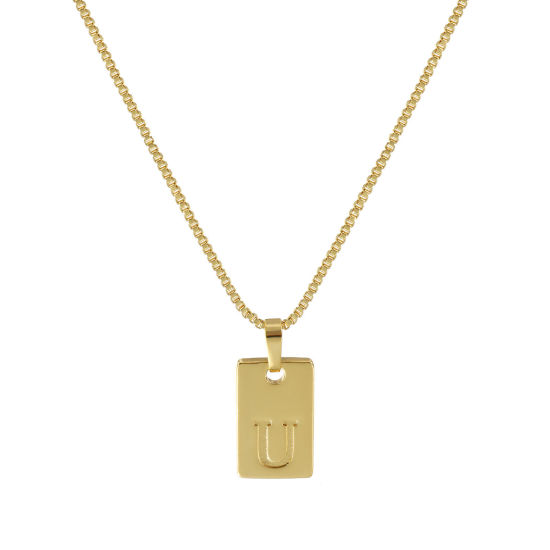 Immagine di 18K Vero Oro Placcato Catena a Casella Rettangolo Collana con Ciondolo, Ottone 45cm + 5cm, Per Donne, Messaggio " U " Minimalista Lettera Maiuscola Regalo, Ecologico, 1 Pz