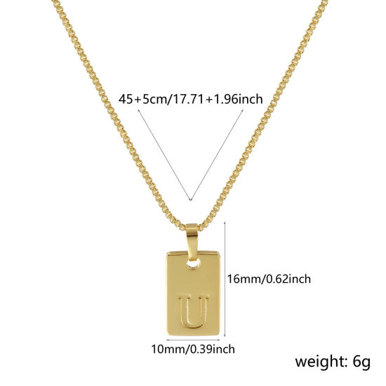 Immagine di 18K Vero Oro Placcato Catena a Casella Rettangolo Collana con Ciondolo, Ottone 45cm + 5cm, Per Donne, Messaggio " U " Minimalista Lettera Maiuscola Regalo, Ecologico, 1 Pz