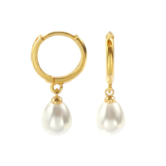 1 ペア エコフレンドリー 雅びやか エレガント 素敵 18Kリアルゴールドメッキ 白 真鍮 滴 ドロップ アクリル模造真珠 イヤリング 女性のため プレゼント 27mm x 14mm、 ポスト/ワイヤサイズ： 1mm（18号）、 の画像
