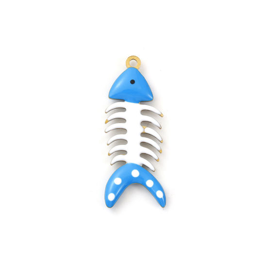 Immagine di 2 Pz Placcatura Sottovuoto PVD Ecologica 304 Acciaio Inossidabile Gioielli Oceanici Ciondoli Pendenti Placcato Oro 18K Blu Osso di Pesce Polka Dot Smalto a Doppia Faccia 3cm x 1.2cm