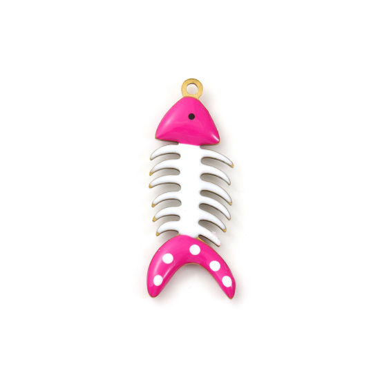 Immagine di 2 Pz Placcatura Sottovuoto PVD Ecologica 304 Acciaio Inossidabile Gioielli Oceanici Ciondoli Pendenti Placcato Oro 18K Rosso Prugna Osso di Pesce Polka Dot Smalto a Doppia Faccia 3cm x 1.2cm