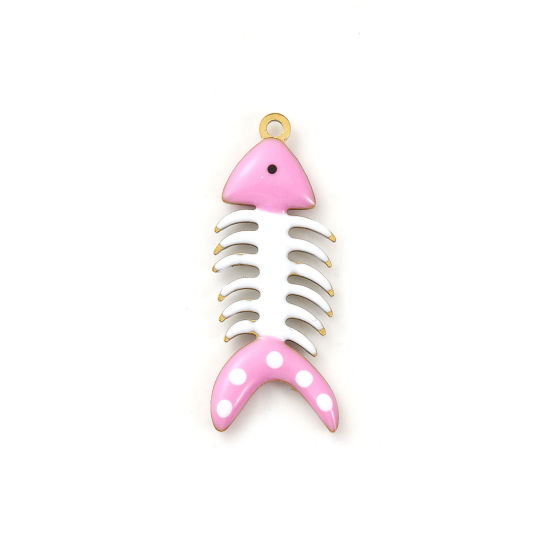 Immagine di 2 Pz Placcatura Sottovuoto PVD Ecologica 304 Acciaio Inossidabile Gioielli Oceanici Ciondoli Pendenti Placcato Oro 18K Rosa Osso di Pesce Polka Dot Smalto a Doppia Faccia 3cm x 1.2cm