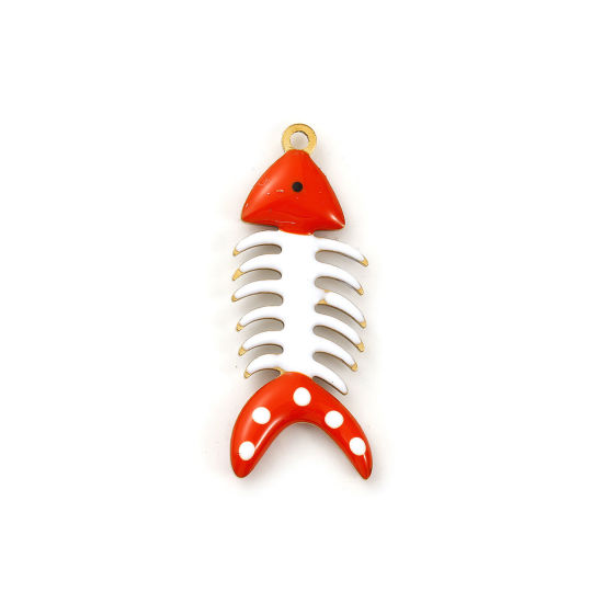 Immagine di 2 Pz Placcatura Sottovuoto PVD Ecologica 304 Acciaio Inossidabile Gioielli Oceanici Ciondoli Pendenti Placcato Oro 18K Arancione Osso di Pesce Polka Dot Smalto a Doppia Faccia 3cm x 1.2cm