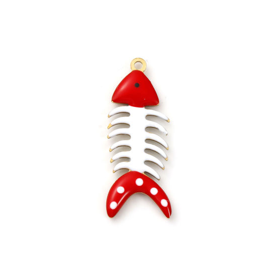 Immagine di 2 Pz Placcatura Sottovuoto PVD Ecologica 304 Acciaio Inossidabile Gioielli Oceanici Ciondoli Pendenti Placcato Oro 18K Rosso Osso di Pesce Polka Dot Smalto a Doppia Faccia 3cm x 1.2cm