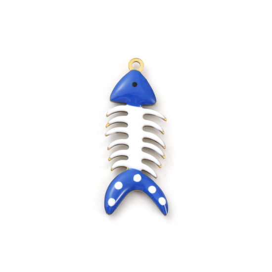 Immagine di 2 Pz Placcatura Sottovuoto PVD Ecologica 304 Acciaio Inossidabile Gioielli Oceanici Ciondoli Pendenti Placcato Oro 18K Blu Scuro Osso di Pesce Polka Dot Smalto a Doppia Faccia 3cm x 1.2cm