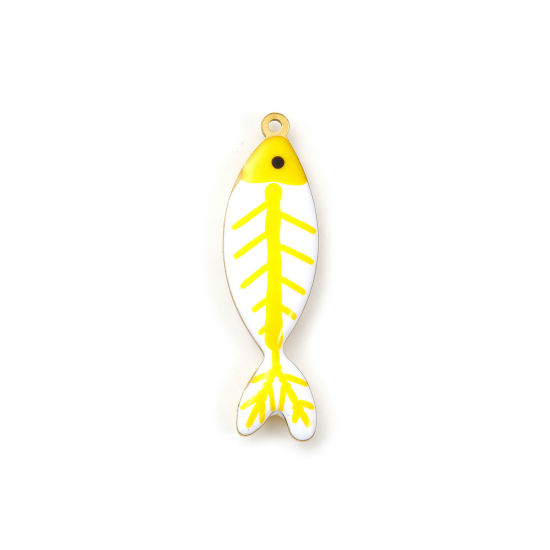 Immagine di 2 Pz Placcatura Sottovuoto PVD Ecologica 304 Acciaio Inossidabile Gioielli Oceanici Ciondoli Pendenti Placcato Oro 18K Giallo Pesce Smalto a Doppia Faccia 4cm x 1.1cm