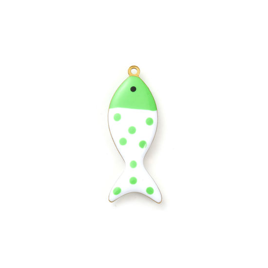 Picture of 2 PCs Eco-friendly PVD Vacuum Plating 304 Stainless Steel Ocean Jewelry Pendants 18K Gold Plated Green Fish Animal Spot Double-sided Enamel 3.2cm x 1.2cm