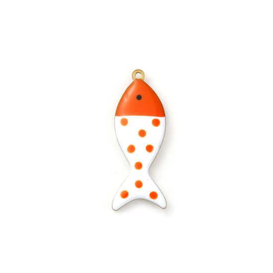 Picture of 2 PCs Eco-friendly PVD Vacuum Plating 304 Stainless Steel Ocean Jewelry Pendants 18K Gold Plated Orange Fish Animal Spot Double-sided Enamel 3.2cm x 1.2cm