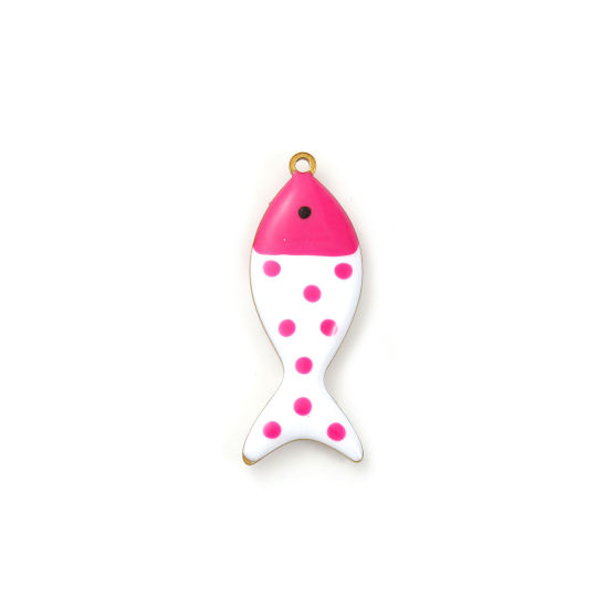 Picture of 2 PCs Eco-friendly PVD Vacuum Plating 304 Stainless Steel Ocean Jewelry Pendants 18K Gold Plated Pink Fish Animal Spot Double-sided Enamel 3.2cm x 1.2cm