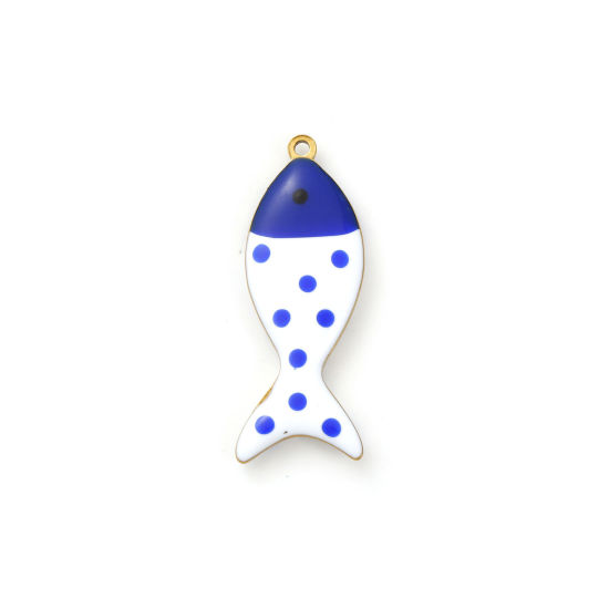 Picture of 2 PCs Eco-friendly PVD Vacuum Plating 304 Stainless Steel Ocean Jewelry Pendants 18K Gold Plated Dark Blue Fish Animal Spot Double-sided Enamel 3.2cm x 1.2cm