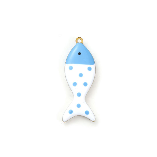 Picture of 2 PCs Eco-friendly PVD Vacuum Plating 304 Stainless Steel Ocean Jewelry Pendants 18K Gold Plated Blue Fish Animal Spot Double-sided Enamel 3.2cm x 1.2cm