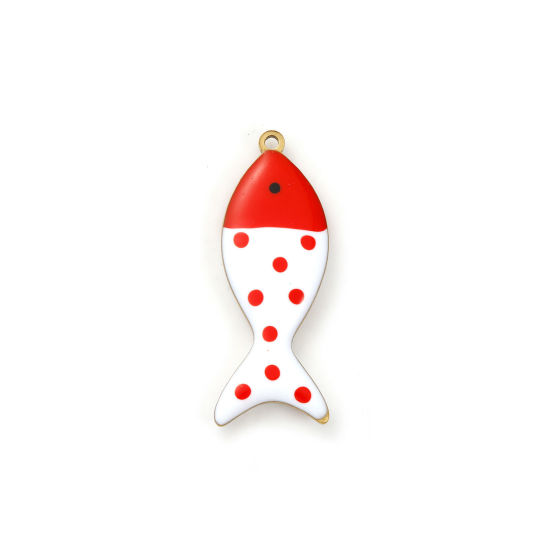 Picture of 2 PCs Eco-friendly PVD Vacuum Plating 304 Stainless Steel Ocean Jewelry Pendants 18K Gold Plated Red Fish Animal Spot Double-sided Enamel 3.2cm x 1.2cm