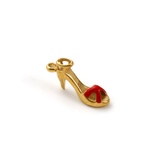 Immagine di 1 Pz Placcatura Sottovuoto PVD Ecologica 304 Acciaio Inossidabile Abiti Ciondoli 18K Vero Oro Placcato Rosso Smalto Scarpe col Tacco Alto 3D 14mm x 7mm