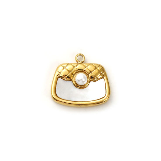 Immagine di 1 Pz Placcatura Sottovuoto PVD Ecologica 304 Acciaio Inossidabile & Conchiglie Naturali Abiti Ciondoli 18K Vero Oro Placcato Bianco Borsa Perla Imitato Acrilico 14.5mm x 13mm