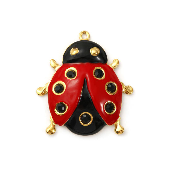 Immagine di 1 Pz Placcatura Sottovuoto PVD Ecologica 304 Acciaio Inossidabile Ciondoli Pendenti 18K Vero Oro Placcato Rosso Smalto Coccinella Nero Strass 4cm x 3.7cm