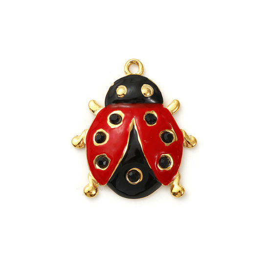 Immagine di 1 Pz Placcatura Sottovuoto PVD Ecologica 304 Acciaio Inossidabile Ciondoli 18K Vero Oro Placcato Rosso Smalto Coccinella Nero Strass 28mm x 24mm