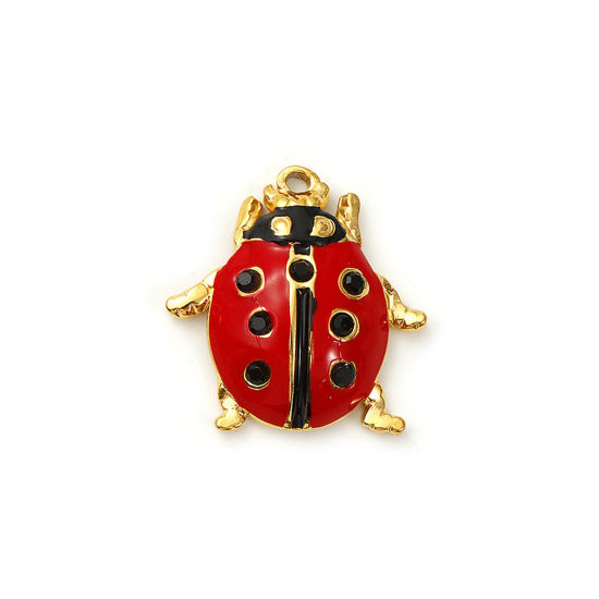 Immagine di 1 Pz Placcatura Sottovuoto PVD Ecologica 304 Acciaio Inossidabile Ciondoli 18K Vero Oro Placcato Rosso Smalto Coccinella Nero Strass 20mm x 19mm