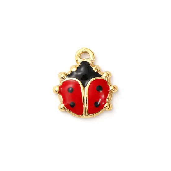 Immagine di 1 Pz Placcatura Sottovuoto PVD Ecologica 304 Acciaio Inossidabile Ciondoli 18K Vero Oro Placcato Rosso Smalto Coccinella 17mm x 16mm